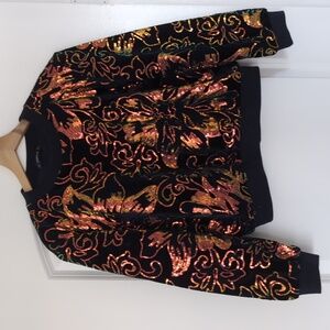 Zara Dark Blue Velvet Sweater with Orange and Gold Sequins